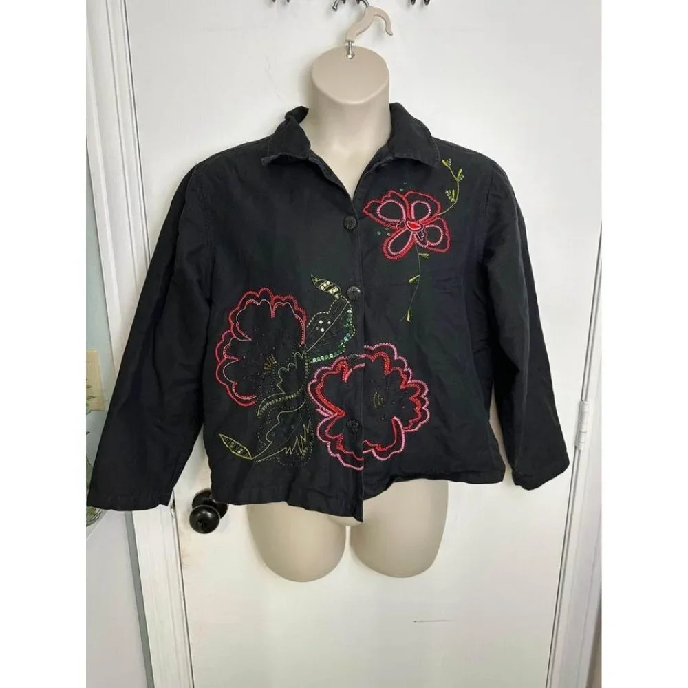 Studio Works Black Embroidered Sequin Flower Top Jacket Size Large #0354